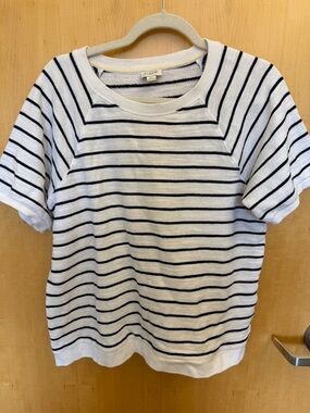 J.CREW Striped Terry Cotton Top Large  White/Navy Short Sleeve